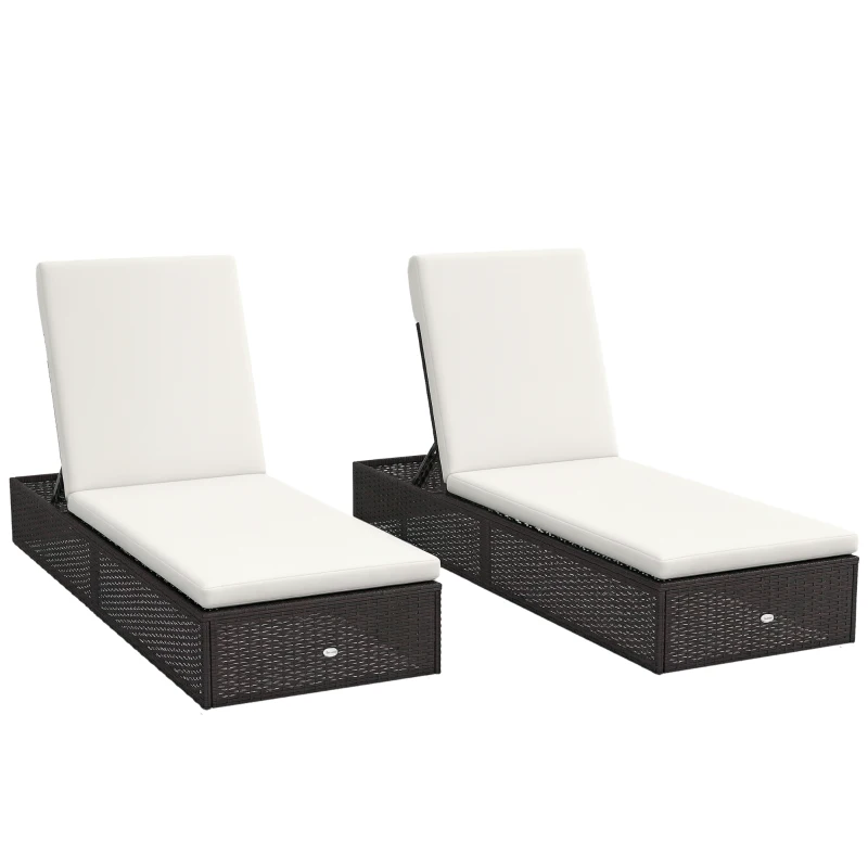 Outsunny Set of Two Rattan Sun Loungers, with Reclining Backs - Brown/Cream