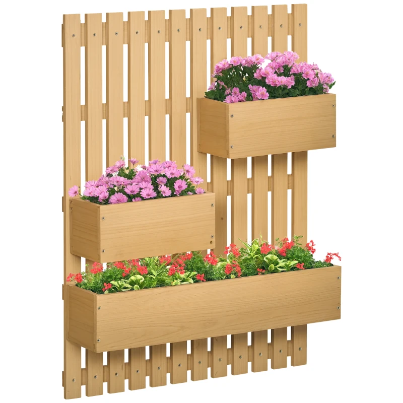 Outsunny Wall-mounted Wooden Garden Planters with Trellis, Drainage Holes and 3 Planter Boxes for Patio, Natural