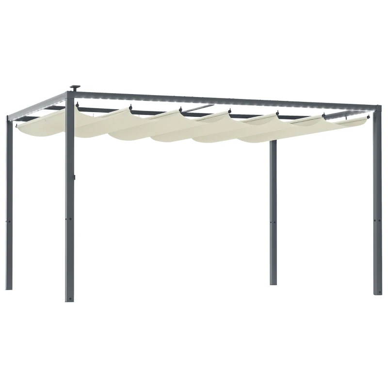 Outsunny Pérgola de Aluminio 4x3 m Gazebo con Luces LED Solares y Techo Retráctil para Jardín Crema