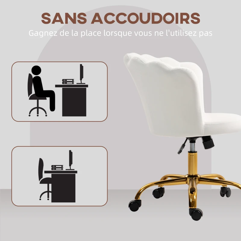 HOMCOM Chaise bureau en velours, chaise coiffeuse avec dossier en pétale, hauteur réglable, 69 x 64 x 80-90 cm, blanc