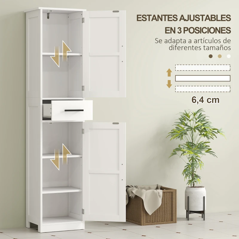 HOMCOM Armario Alto de Baño Estrecho con 2 Puertas 1 Cajón y 2 Estantes Ajustables Estilo Rústico 40x30x170 cm Blanco