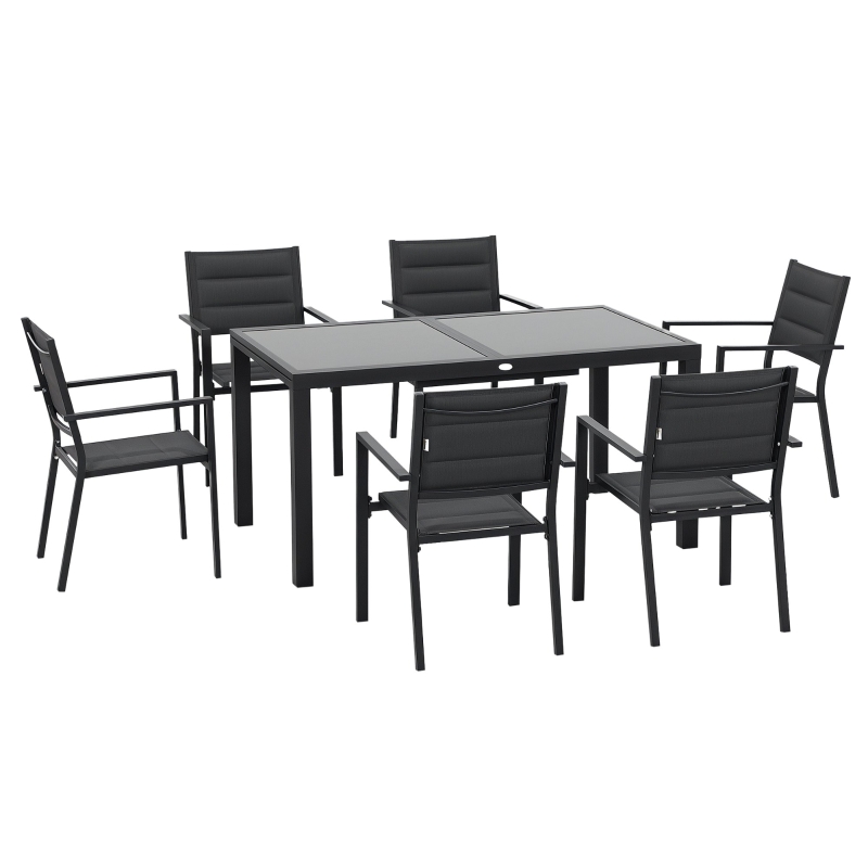 Outsunny Set da Giardino con Tavolo Allungabile in Vetro e 6 Sedie con Seduta Traspirante, Grigio Scuro