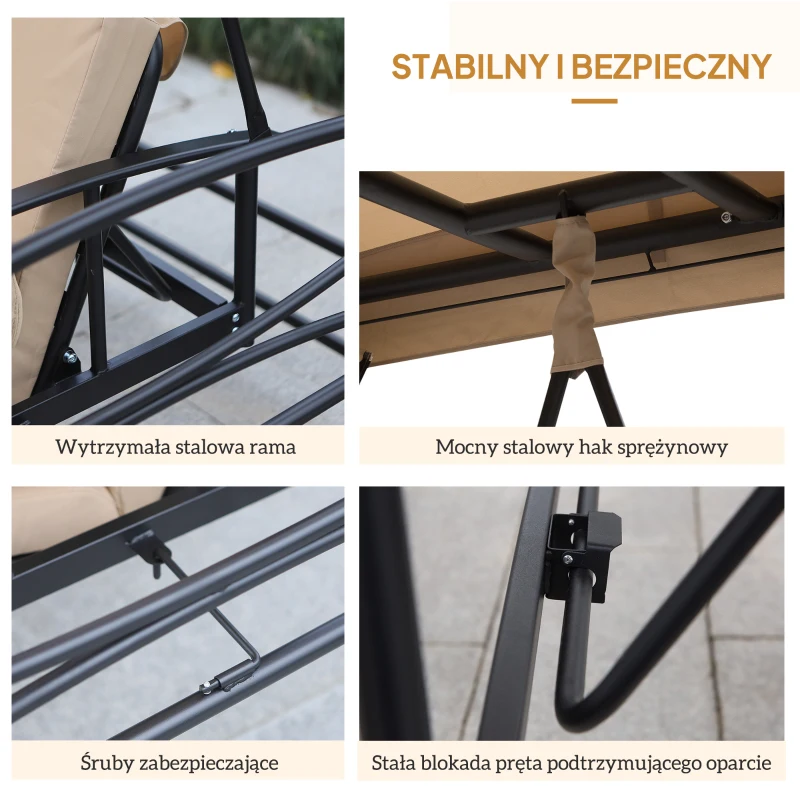 Luksusowa Huśtawka Ogrodowa Outsunny z Ochroną Przeciwsłoneczną i Moskitierą, 3-osobowa, Beżowa