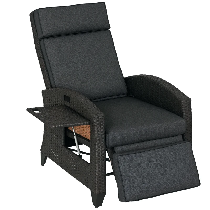 Outsunny Outdoor Recliner Chair with Adjustable Backrest and Footrest, Cushion, Side Tray, Dark Grey/Brown