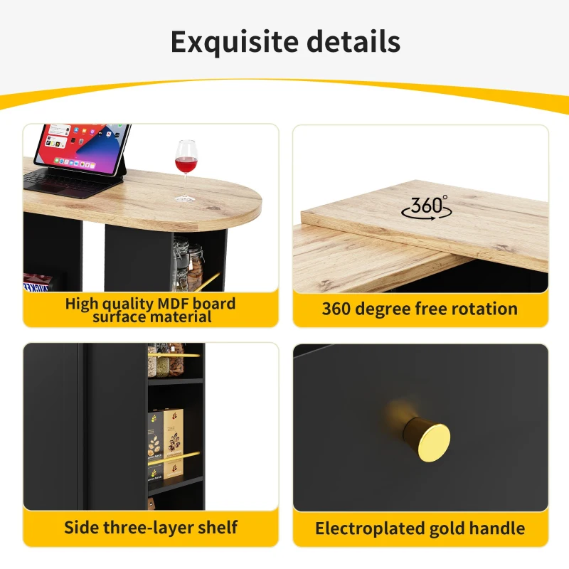 360° Swivelling Bar Table with 2 Drawers, Multi-Tiered Side Shelves, Storage Cabinet for Study, Living Room, 193L x 39W x 104H cm, Black