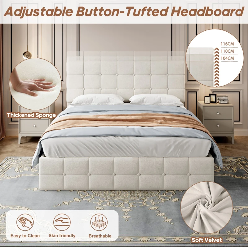 Velvet Double Bed with Hydraulic Storage, Adjustable Button Tufted Headboard, Upholstered Storage Bed Frame, 195L x 145W x 116H cm, Beige
