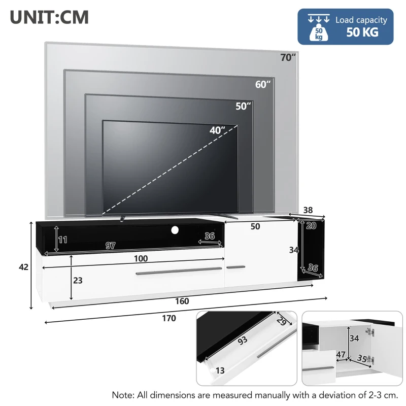 TV Unit with Storage, Waterproof and Scratch- resistant Surface, Up 70in TV Size - White+Black