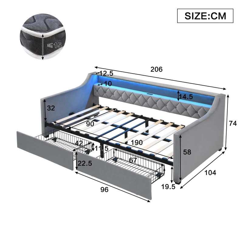 3FT Sofa Bed with 2 Drawers on Wheels, Light Strip, Charging Port, Upholstered Single Bed with Velvet Finish, 206L x 104W x 74H cm, Grey