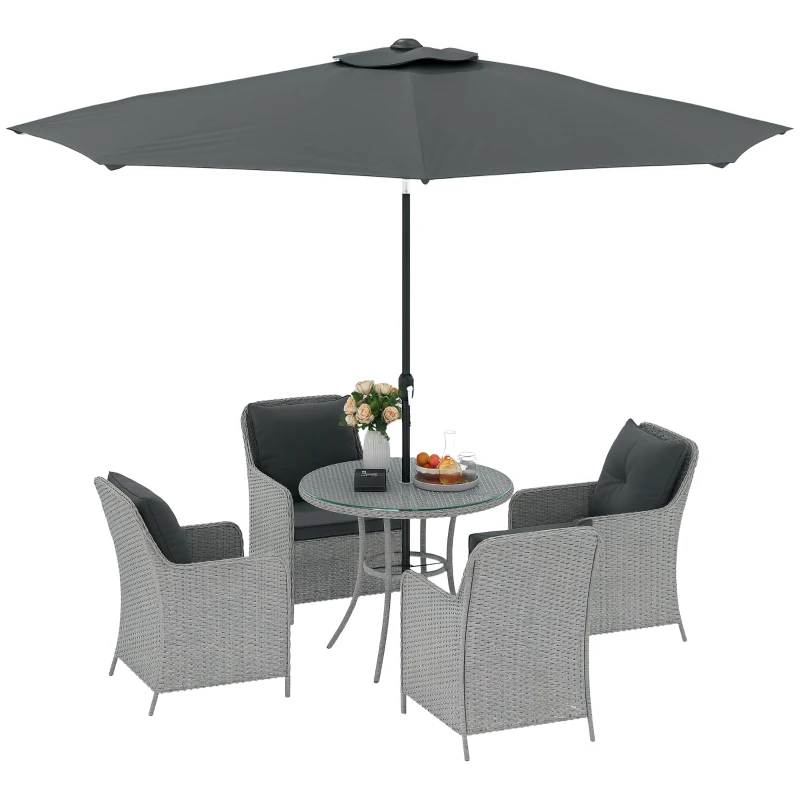 Outsunny 4 Seater Rattan Dining Set with Parasol & Cushions - Light Grey