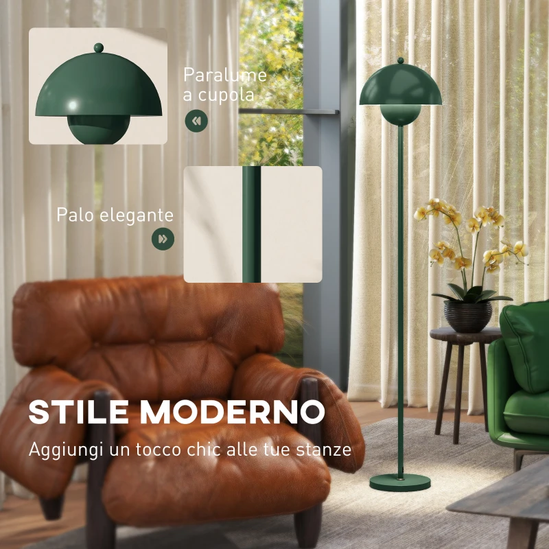 HOMCOM Lampada da Terra con Paralume Semicircolare e Interruttore a Pedale, in Acciaio, Ø30x155 cm, Verde