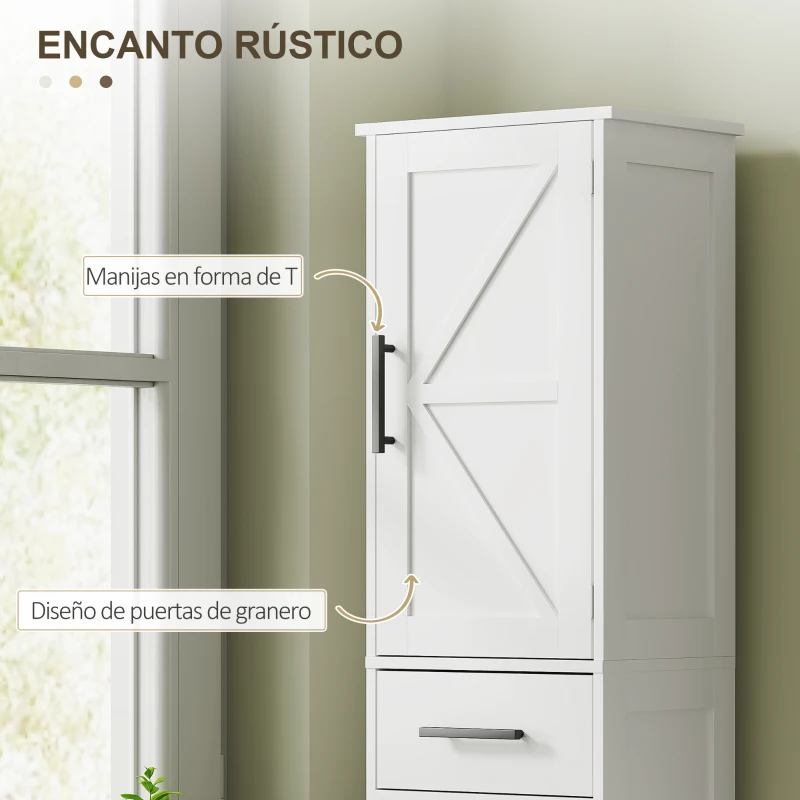 HOMCOM Armario Alto de Baño Estrecho con 2 Puertas 1 Cajón y 2 Estantes Ajustables Estilo Rústico 40x30x170 cm Blanco