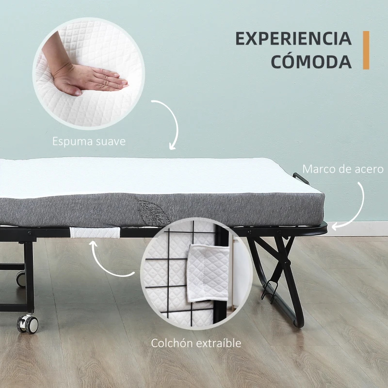 HOMCOM Cama Plegable 200x90 cm con 4 Ruedas, Cama de Camping Portátil, con Colchón Individual de 10 cm, Marco de Acero, Carga 150 kg, para Dormitorio, Salón, Oficina, Blanco