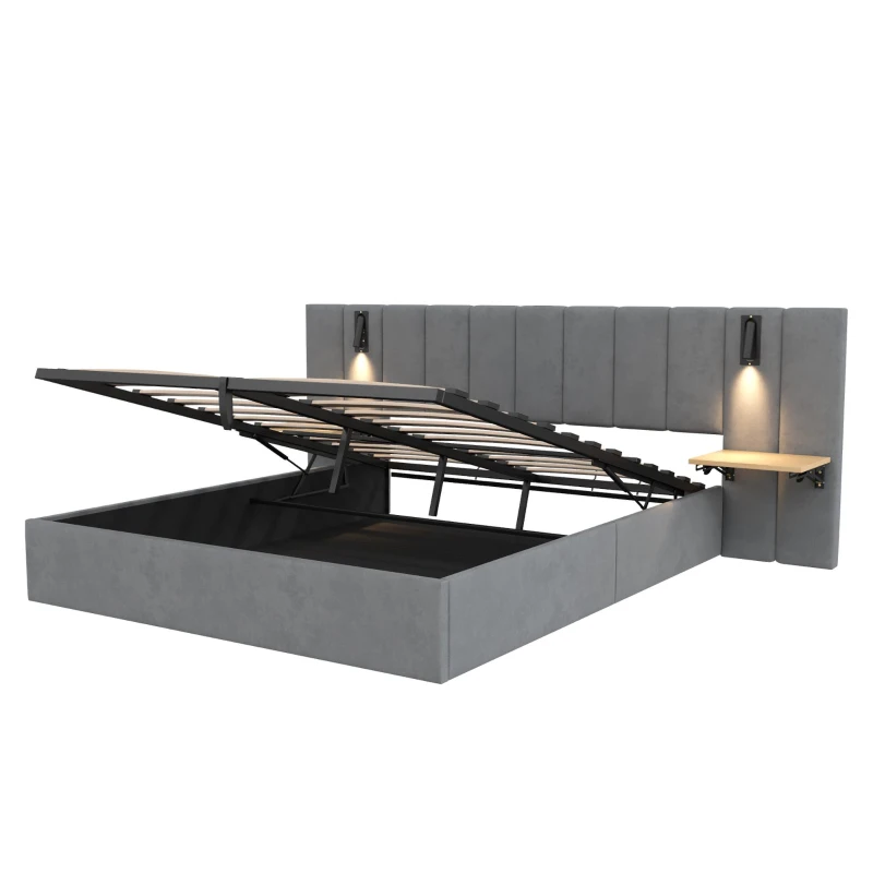King Upholstered Bed with Charging Station, Adjustable Bedside Shelf, Velvet Hydraulic Storage Bed with Reading Light, 237L x 207W x 109H cm, Grey