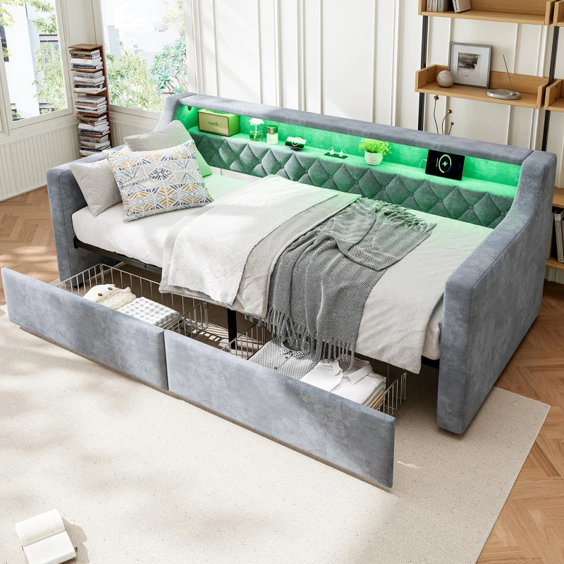 3FT Sofa Bed with 2 Drawers on Wheels, Light Strip, Charging Port, Upholstered Single Bed with Velvet Finish, 206L x 104W x 74H cm, Grey