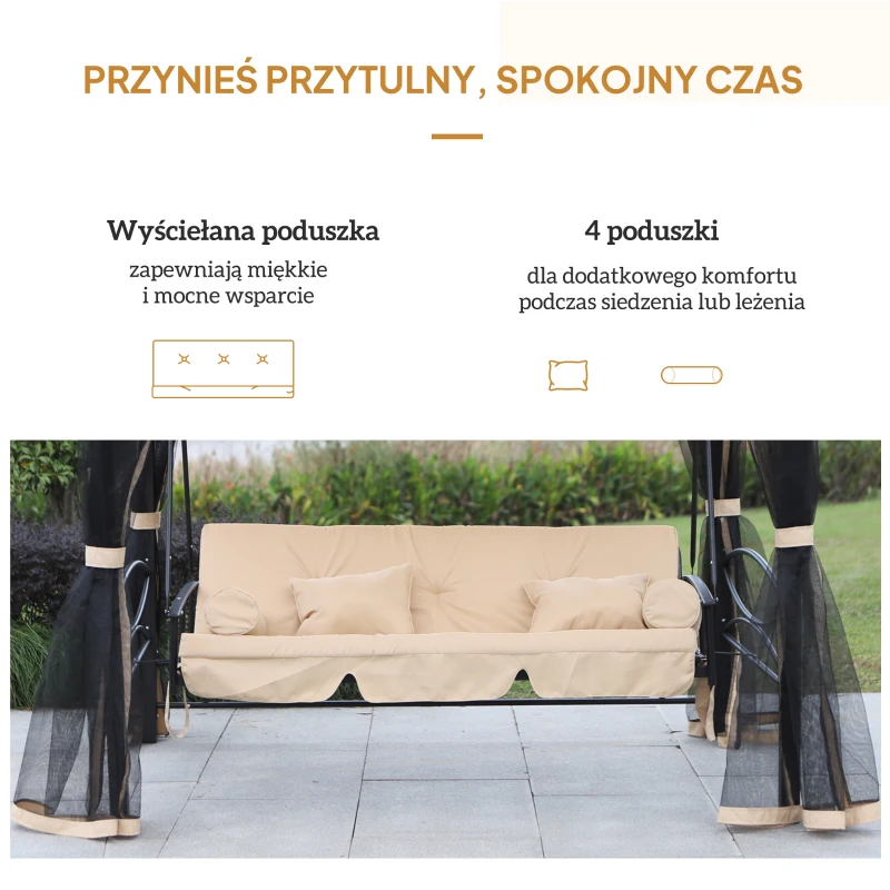 Luksusowa Huśtawka Ogrodowa Outsunny z Ochroną Przeciwsłoneczną i Moskitierą, 3-osobowa, Beżowa