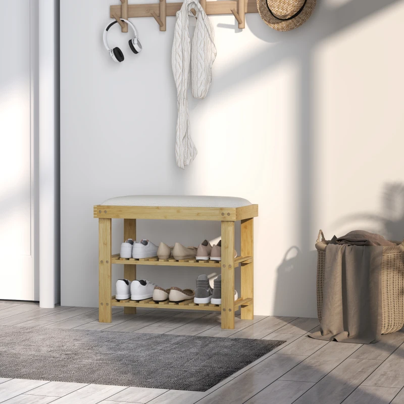 HOMCOM Banco Zapatero de Bambú con Cojín Zapatero de 2 Niveles para Entrada Pasillo o Dormitorio 60x29x49 cm Crema