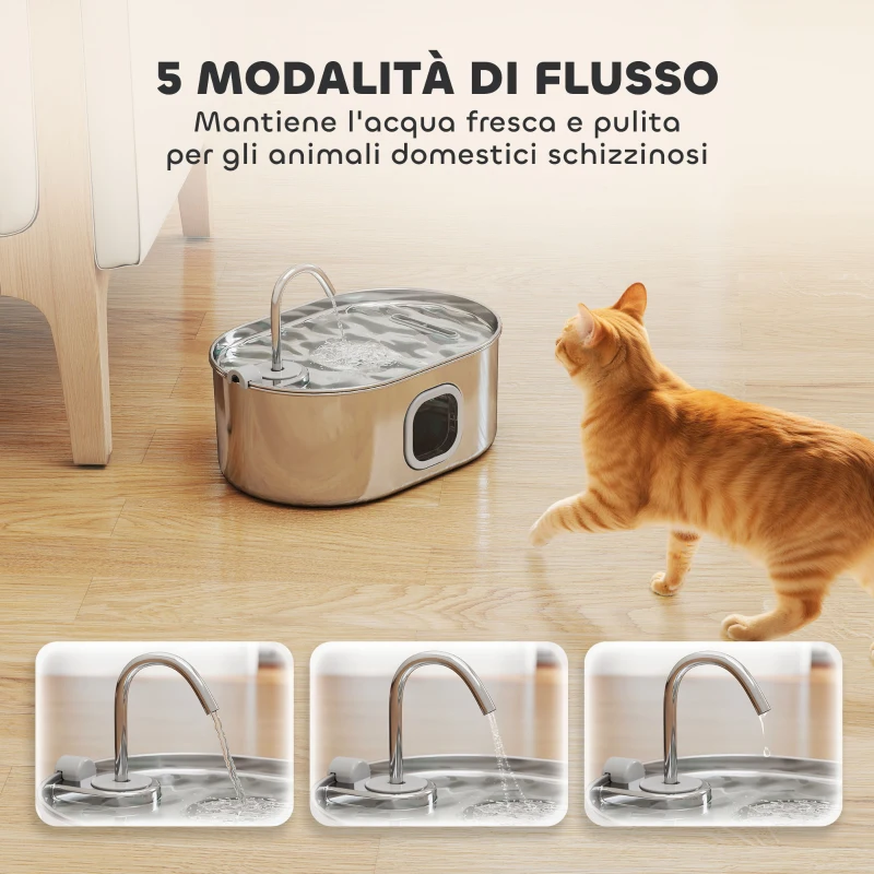 PawHut Fontanella per Gatto da 7L con Luce LED e Spazzola, in Acciaio Inox 304, 32x22.1x22.3 cm, Argento