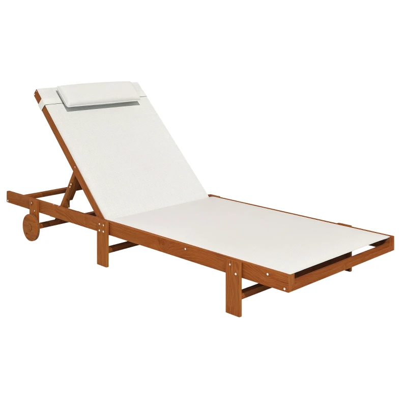 Outsunny Bain de soleil en bois avec roulettes dossier inclinable en 4 positions appui-tête, 84x200x101cm, blanc