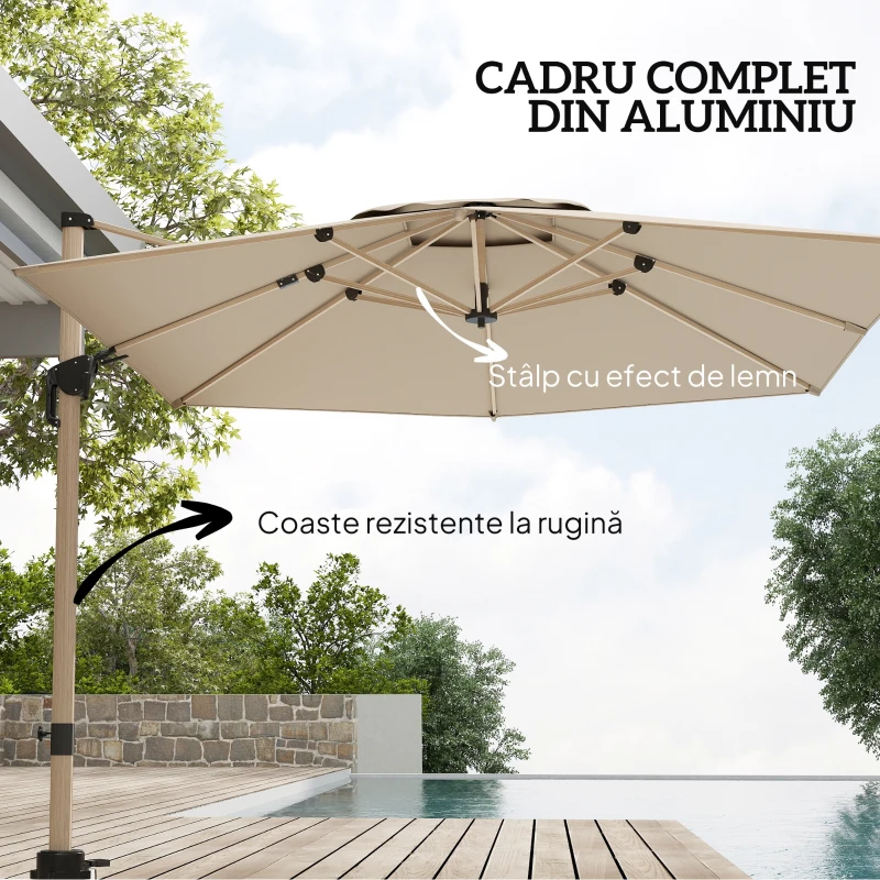 Outsunny Umbrelă de Grădină Suspendată Înclinabilă cu Bază în Cruce UPF50+, Kaki