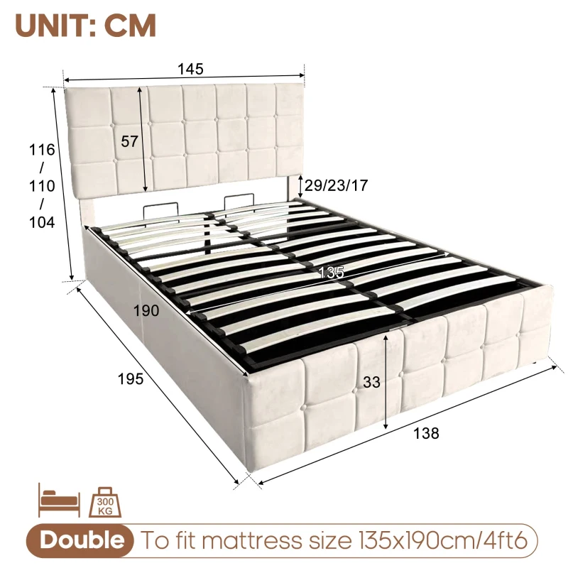 Velvet Double Bed with Hydraulic Storage, Adjustable Button Tufted Headboard, Upholstered Storage Bed Frame, 195L x 145W x 116H cm, Beige