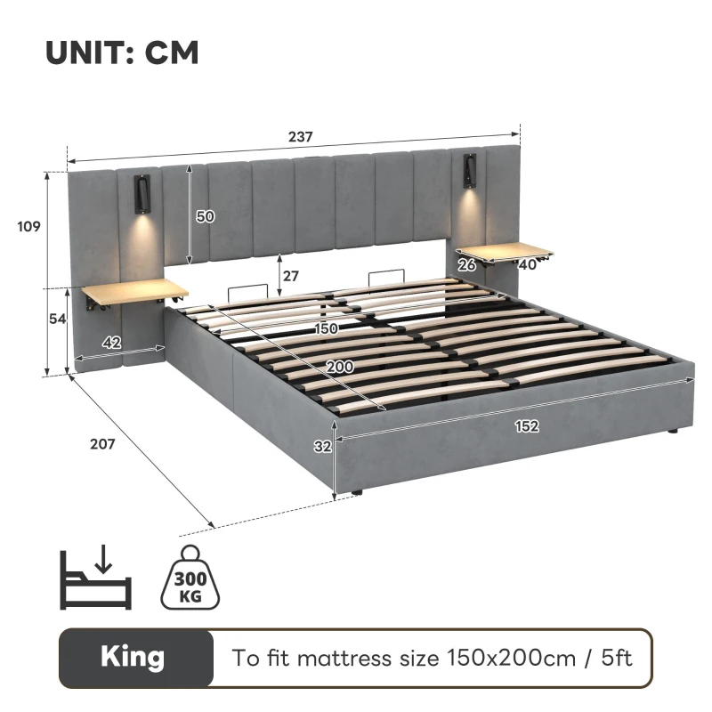 King Upholstered Bed with Charging Station, Adjustable Bedside Shelf, Velvet Hydraulic Storage Bed with Reading Light, 237L x 207W x 109H cm, Grey