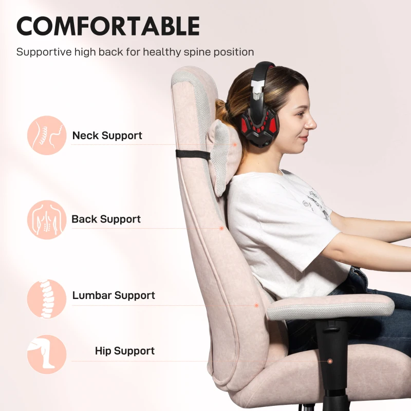HOMCOM Fabric Gaming Chair with Lumbar Support, Headrest - Pale Pink