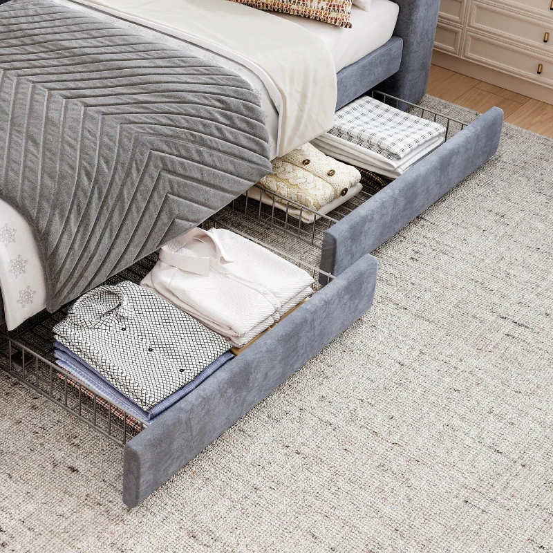 3FT Upholstered Single Bed with 2 Drawers, Side Compartments, Easy Assembly, Daybed Sofa Bed with Storage, 223.5L x 101W x 74.5H cm, Grey