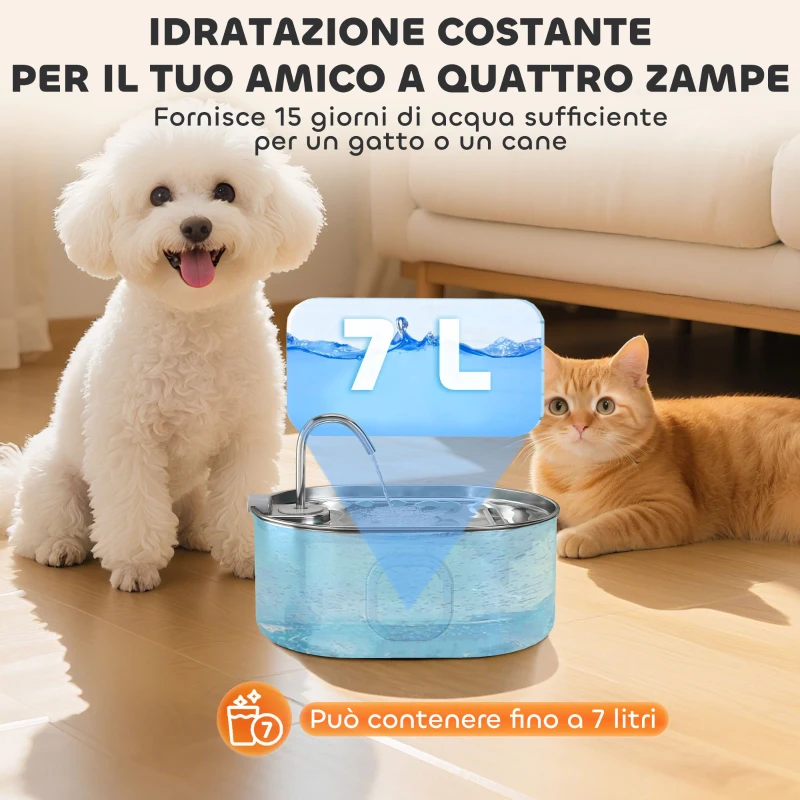 PawHut Fontanella per Gatto da 7L con Luce LED e Spazzola, in Acciaio Inox 304, 32x22.1x22.3 cm, Argento