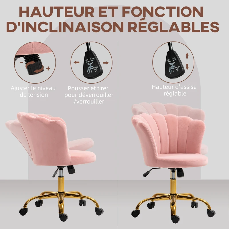 HOMCOM Chaise bureau en velours, chaise coiffeuse avec dossier en pétale, hauteur réglable, 69 x 64 x 80-90 cm, rose