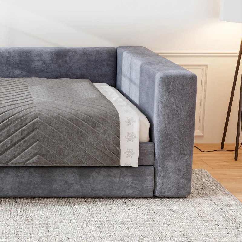 3FT Upholstered Single Bed with 2 Drawers, Side Compartments, Easy Assembly, Daybed Sofa Bed with Storage, 223.5L x 101W x 74.5H cm, Grey