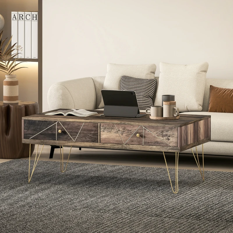 HOMCOM Table Basse en Bois Table de Salon Grand Plateau et 2 Tiroirs Design de Luxe Élégant Décoration avec Lignes Dorées Peintes à La Main 110L x 59l x 42H cm Brun