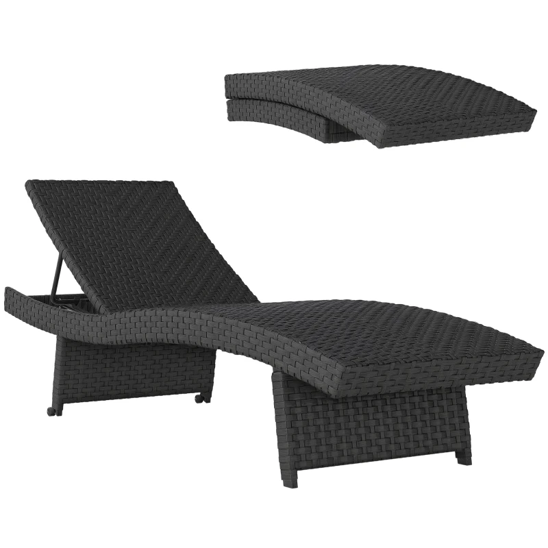 Outsunny Outdoor PE Rattan Sun Lounger, Folding Wicker Garden Lounger Recliner with 4-Level Adjustable Backrest, Rolling Sunbed Lounge Chair with Wheels, Non-Slip Legs for Balcony, Beach, Black