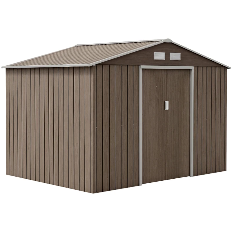 Outsunny 9 x 6ft Garden Metal Storage Shed, Outdoor Storage Tool House with Vents, Foundation and Lockable Double Doors, Brown