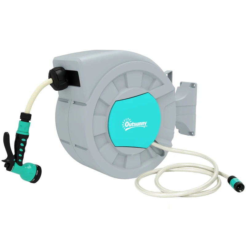 Outsunny Tambur Furtun de Grădină Retractabil, Rotativ la 180° și Sistem de Blocare, 55x20x42 cm, Gri(m-11)