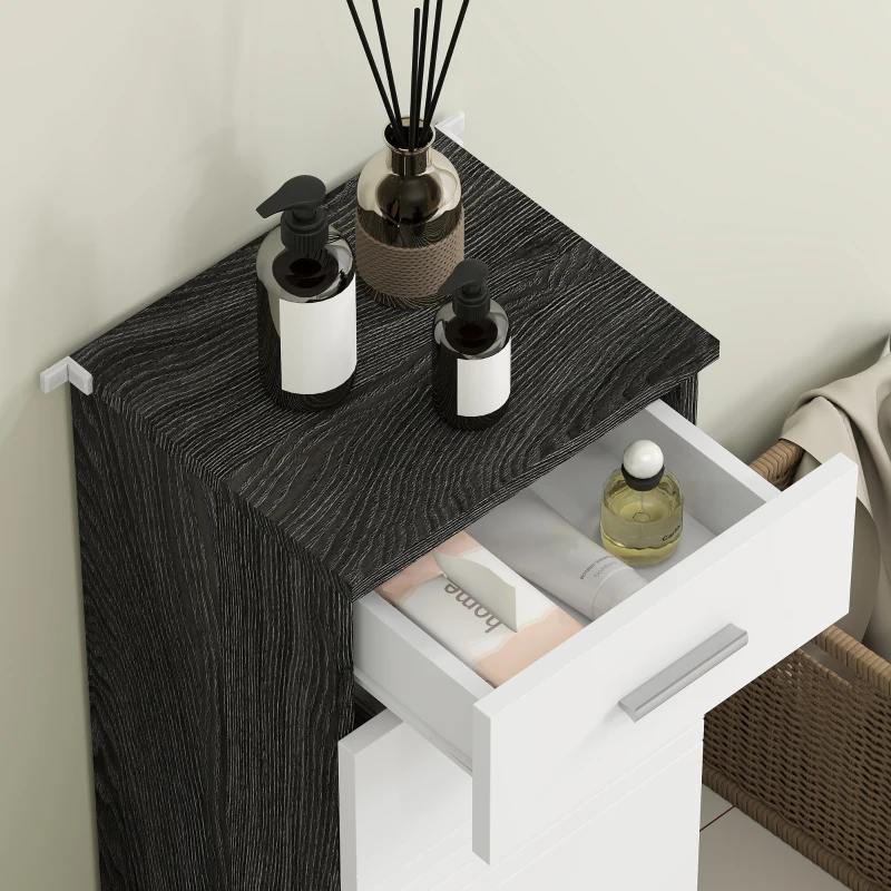 kleankin Mobile Bagno con Cassetto e Armadietto in Legno, 35x30x77.5cm, Bianco e Nero
