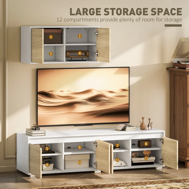 HOMCOM 2 Pieces TV Unit Set with Wall Cabinet, Freestanding Entertainment Unit for 70-inch TVs, Wall Mounted Storage Cupboard, with Adjustable shelves and Cable Holes, Natural