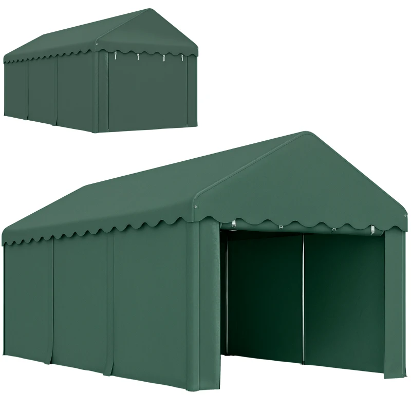 Outsunny 3x6 m Tragbarer Carport, Fahrzeugunterstand mit 2 Eingängen, Polyesterdach, für Autos, Boote, Gartengeräte, Dunkelgrün(m-10)