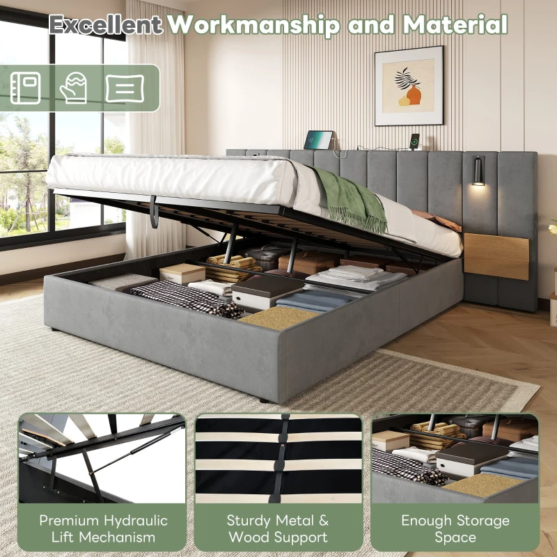 King Upholstered Bed with Charging Station, Adjustable Bedside Shelf, Velvet Hydraulic Storage Bed with Reading Light, 237L x 207W x 109H cm, Grey