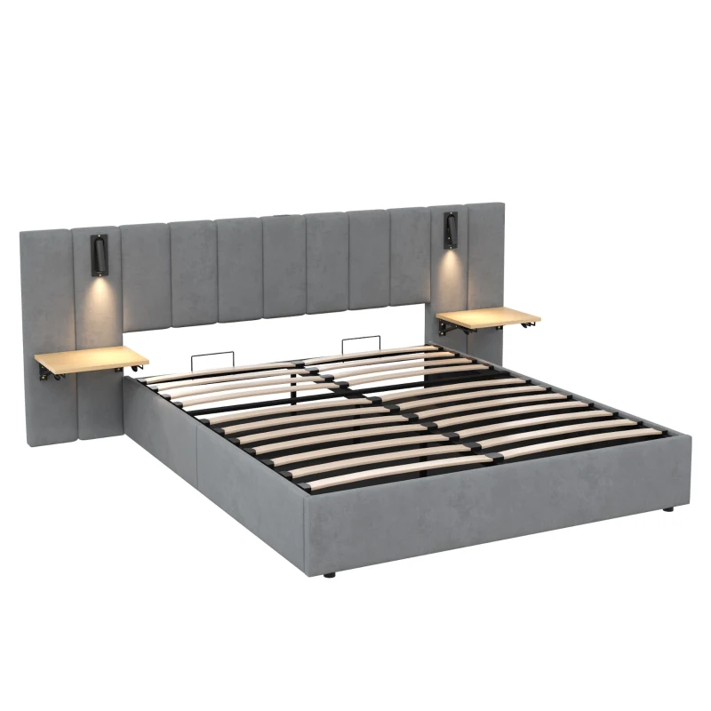 King Upholstered Bed with Charging Station, Adjustable Bedside Shelf, Velvet Hydraulic Storage Bed with Reading Light, 237L x 207W x 109H cm, Grey