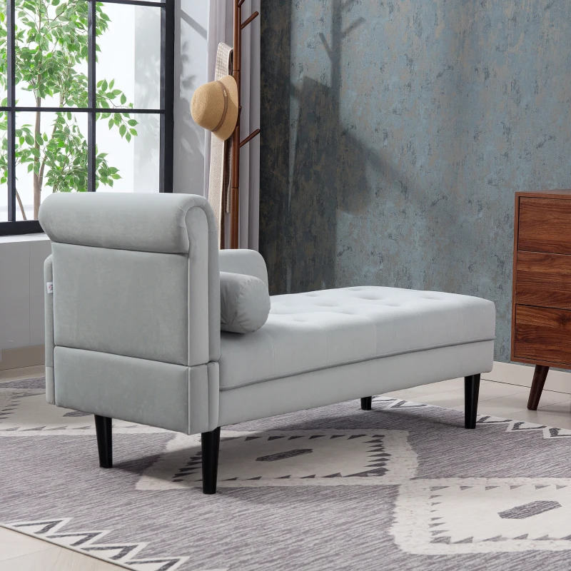HOMCOM Chaise Longue con Rivestimento Trapuntato Effetto Velluto Grigio, in Legno Massello e Spugna, 146x61x82.5 cm