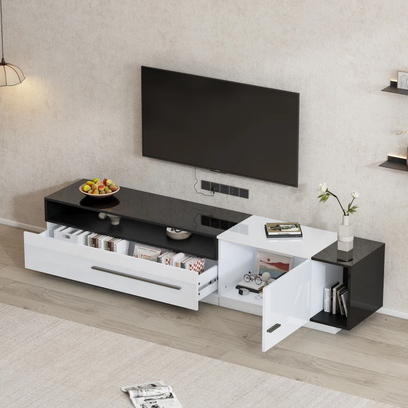 TV Unit with Storage, Waterproof and Scratch- resistant Surface, Up 70in TV Size - White+Black
