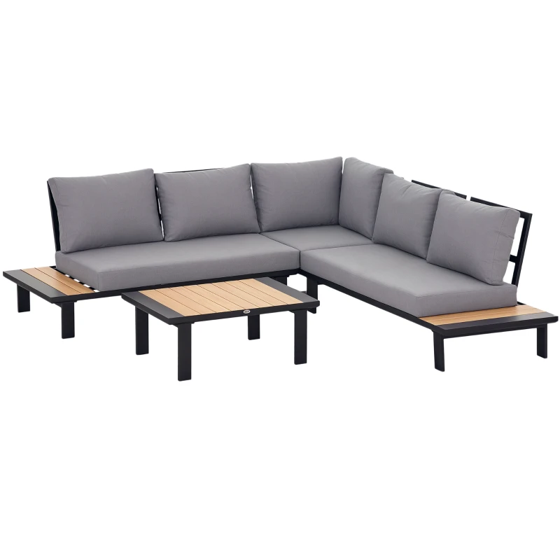Outsunny 4 Pieces Aluminium Garden Furniture Set L Shape Sofa Set with Tables, Cushions for Indoor, Garden, Patio, Dark Grey