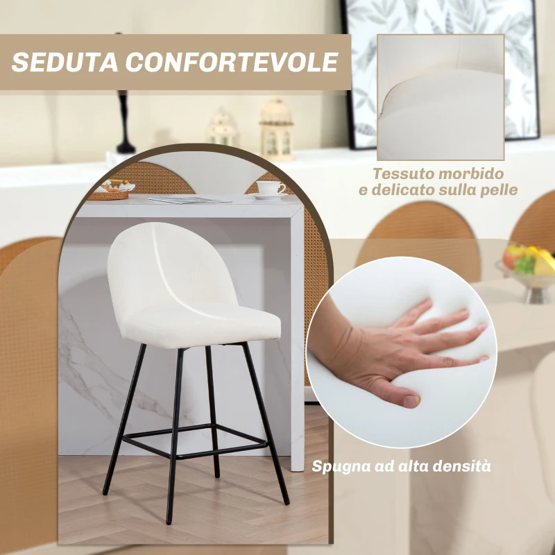 HOMCOM Set da 2 Sgabelli da Bar con Schienale in Velluto e Poggiapiedi in Acciaio, Bianco Crema