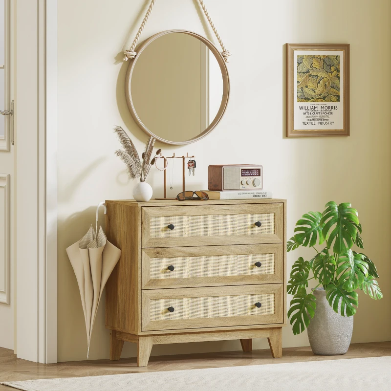 HOMCOM Cómoda con 3 Cajones Cajonera de Madera con Frontales de Ratán Estilo Cannage para Dormitorio 80x35x76 cm Natural