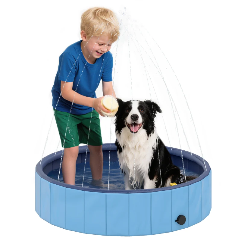 PawHut Piscina para Perros Medianos y Pequeños Plegable con Aspersor de PVC Antideslizante Resistente Ø100x30 cm Azul Claro