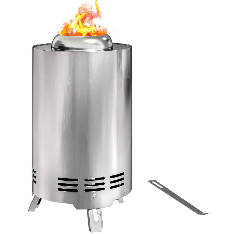 Outsunny Smokeless Fire Pit, 16 x 16 cm Stainless Steel Portable Wood Burning Firepit with Poker, Wood or Pellet Fuelled Tabletop Fire Pit for Garden Camping Bonfire Party, Silver Tone