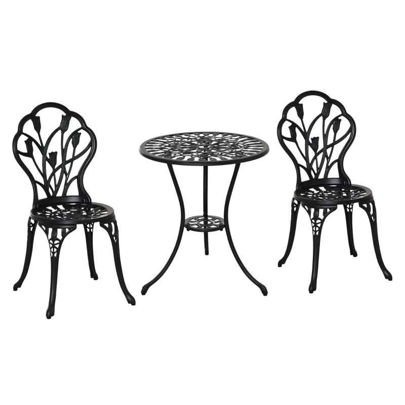 Outsunny Conjunto de Mesa e Cadeiras de Exterior 3 Peças de Alumínio com Encosto com Padrão de Tulipa e Mesa com Orifício para Chapéu de Sol Preto