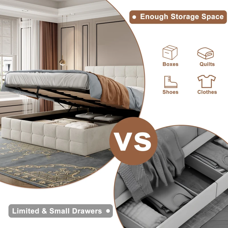 Velvet Double Bed with Hydraulic Storage, Adjustable Button Tufted Headboard, Upholstered Storage Bed Frame, 195L x 145W x 116H cm, Beige