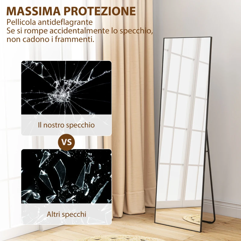 HOMCOM Specchio a Figura Intera da Parete o da Terra in Metallo e Lega di Alluminio, 50x2x161.5 cm, Nero