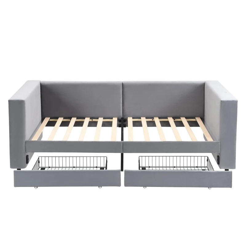 3FT Upholstered Single Bed with 2 Drawers, Side Compartments, Easy Assembly, Daybed Sofa Bed with Storage, 223.5L x 101W x 74.5H cm, Grey